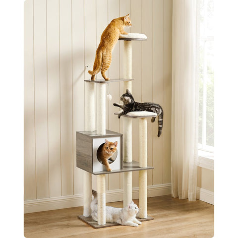 Rootz Scratching Post - Artificial Linen - Cat-friendly Soft - Large Platform - Scratching Board - 2 Caves - Space-saving Cat - Carb Certified Chipboard Plush-sisal - Light Gray - 35 x 25 x 30 cm (W x H x D)