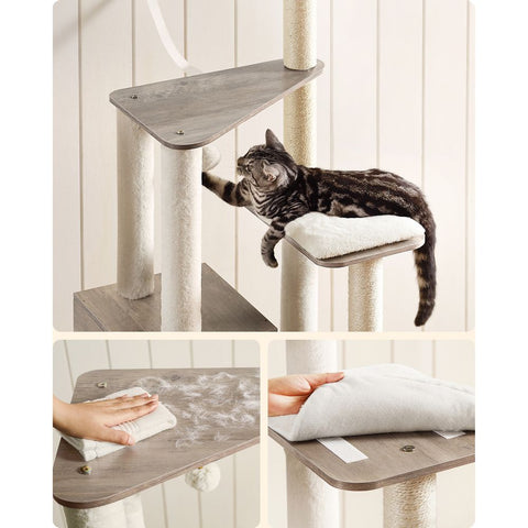 Rootz Scratching Post - Artificial Linen - Cat-friendly Soft - Large Platform - Scratching Board - 2 Caves - Space-saving Cat - Carb Certified Chipboard Plush-sisal - Light Gray - 35 x 25 x 30 cm (W x H x D)
