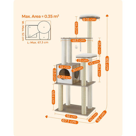 Rootz Scratching Post - Artificial Linen - Cat-friendly Soft - Large Platform - Scratching Board - 2 Caves - Space-saving Cat - Carb Certified Chipboard Plush-sisal - Light Gray - 35 x 25 x 30 cm (W x H x D)