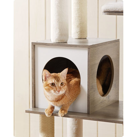 Rootz Scratching Post - Artificial Linen - Cat-friendly Soft - Large Platform - Scratching Board - 2 Caves - Space-saving Cat - Carb Certified Chipboard Plush-sisal - Light Gray - 35 x 25 x 30 cm (W x H x D)