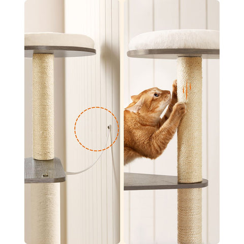 Rootz Scratching Post - Artificial Linen - Cat-friendly Soft - Large Platform - Scratching Board - 2 Caves - Space-saving Cat - Carb Certified Chipboard Plush-sisal - Light Gray - 35 x 25 x 30 cm (W x H x D)