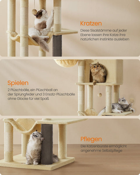 Rootz XL Scratching Post - Large Cat Tree - Cat Climbing Tower - Chipboard - 175cm x 57cm x 45cm - Sand Beige Plush - Sisal-covered Post