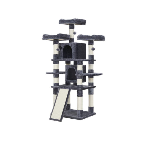 Rootz Cat Trees House - Double Floor - Change Direction - scratching post - 3 Viewing Platforms - Space-saving Cat - Carb Certified Chipboard Plush-sisal - Smoke Gray - 60 x 55 x 172 cm