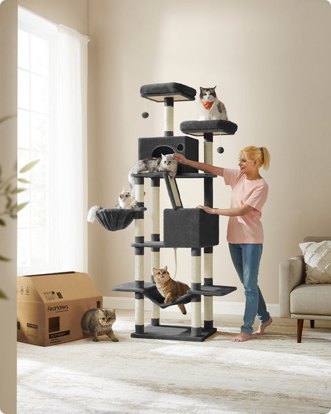 Rootz Large Scratching Post - Multi-Tiered Cat Tree - Ink Black - Chipboard & Plush - 60cm x 50cm x 206cm - 23.5kg - Max load 75kg