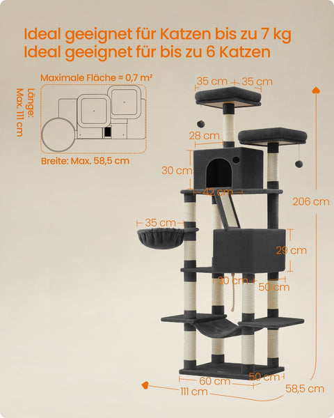 Rootz Large Scratching Post - Multi-Tiered Cat Tree - Ink Black - Chipboard & Plush - 60cm x 50cm x 206cm - 23.5kg - Max load 75kg