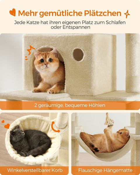 Rootz Large Beige Cat Tree - Cat Condo - Multi-level Cat Tower - Chipboard, Plush, Sisal - 60cm x 50cm x 206cm - 23.5kg - 75 kg Capacity