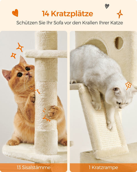 Rootz Large Beige Cat Tree - Cat Condo - Multi-level Cat Tower - Chipboard, Plush, Sisal - 60cm x 50cm x 206cm - 23.5kg - 75 kg Capacity