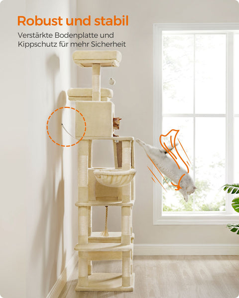 Rootz Large Beige Cat Tree - Cat Condo - Multi-level Cat Tower - Chipboard, Plush, Sisal - 60cm x 50cm x 206cm - 23.5kg - 75 kg Capacity