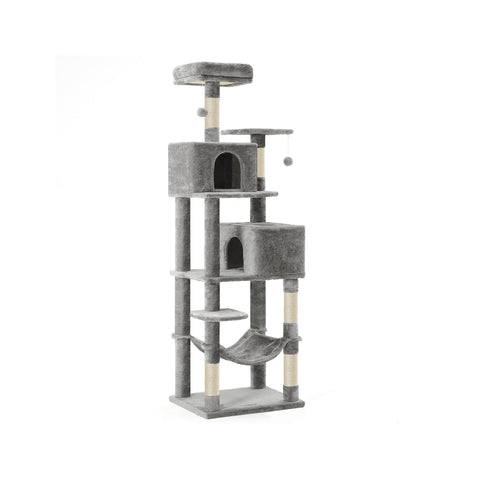Rootz Cat Scratching Post - Kitty Tree - Cat Tower - Plush Surface - Observation Platforms - Cozy Cave - Lounger - Sturdy Hammock - Sisal Poles - Staircase - Gray Blue - Chipboard - 49cm x 49cm x 135cm