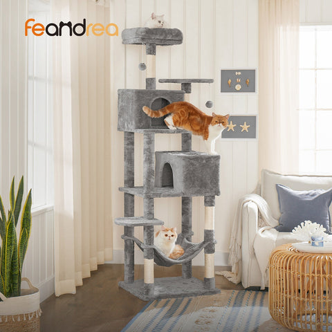 Rootz Cat Scratching Post - Kitty Tree - Cat Tower - Plush Surface - Observation Platforms - Cozy Cave - Lounger - Sturdy Hammock - Sisal Poles - Staircase - Gray Blue - Chipboard - 49cm x 49cm x 135cm