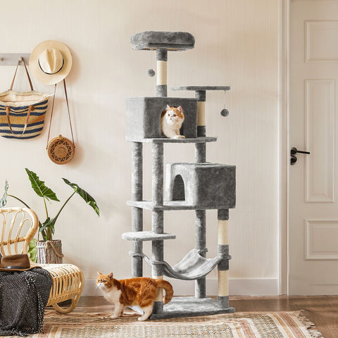 Rootz Cat Scratching Post - Kitty Tree - Cat Tower - Plush Surface - Observation Platforms - Cozy Cave - Lounger - Sturdy Hammock - Sisal Poles - Staircase - Gray Blue - Chipboard - 49cm x 49cm x 135cm