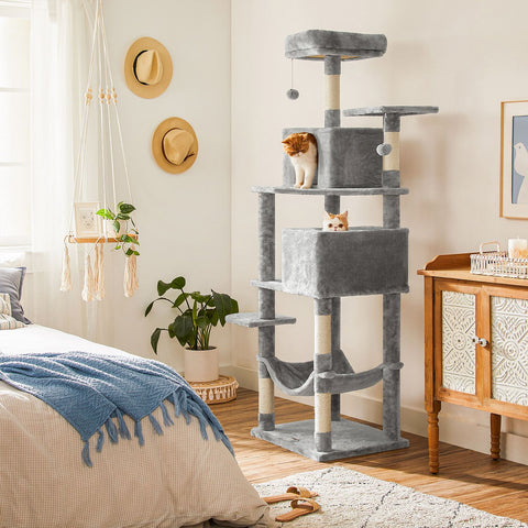 Rootz Cat Scratching Post - Kitty Tree - Cat Tower - Plush Surface - Observation Platforms - Cozy Cave - Lounger - Sturdy Hammock - Sisal Poles - Staircase - Gray Blue - Chipboard - 49cm x 49cm x 135cm