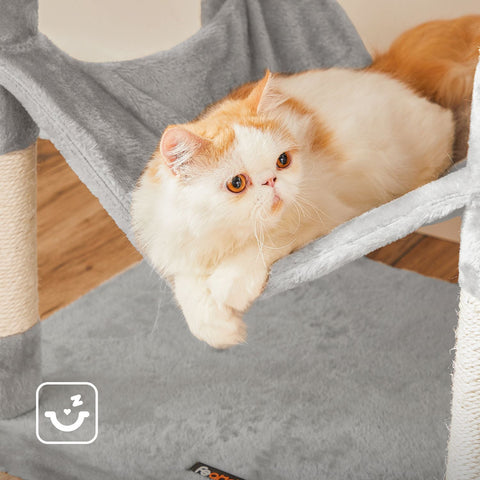 Rootz Cat Scratching Post - Kitty Tree - Cat Tower - Plush Surface - Observation Platforms - Cozy Cave - Lounger - Sturdy Hammock - Sisal Poles - Staircase - Gray Blue - Chipboard - 49cm x 49cm x 135cm