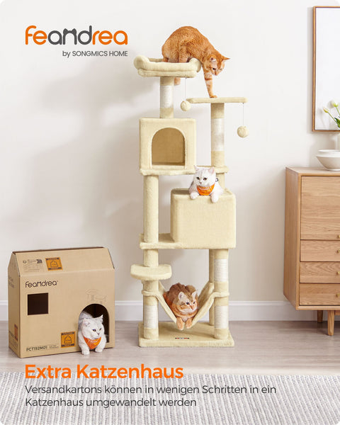 Rootz Beige Cat Scratching Post - Cat Tree - Scratcher - Chipboard Plush Sisal - Sturdy Construction - Easy Assembly - 49cm x 40cm x 155cm