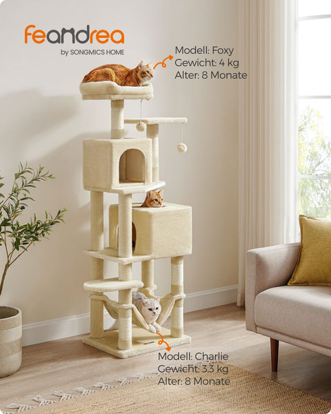 Rootz Beige Cat Scratching Post - Cat Tree - Scratcher - Chipboard Plush Sisal - Sturdy Construction - Easy Assembly - 49cm x 40cm x 155cm