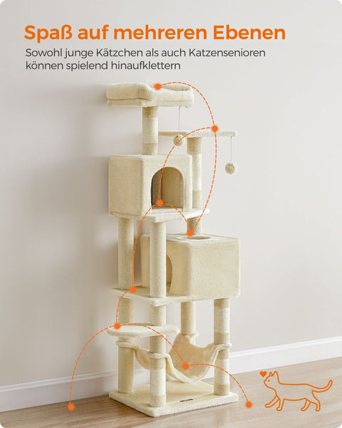 Rootz Beige Cat Scratching Post - Cat Tree - Scratcher - Chipboard Plush Sisal - Sturdy Construction - Easy Assembly - 49cm x 40cm x 155cm