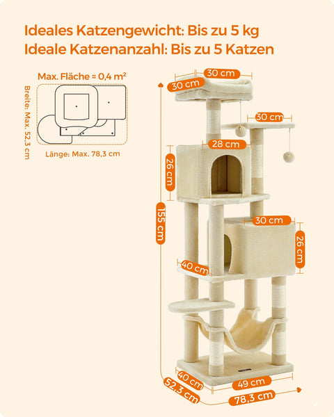 Rootz Beige Cat Scratching Post - Cat Tree - Scratcher - Chipboard Plush Sisal - Sturdy Construction - Easy Assembly - 49cm x 40cm x 155cm