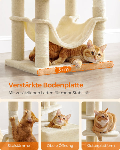 Rootz Beige Cat Scratching Post - Cat Tree - Scratcher - Chipboard Plush Sisal - Sturdy Construction - Easy Assembly - 49cm x 40cm x 155cm