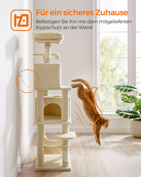 Rootz Beige Cat Scratching Post - Cat Tree - Scratcher - Chipboard Plush Sisal - Sturdy Construction - Easy Assembly - 49cm x 40cm x 155cm