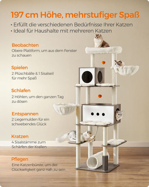 Rootz Scratching Post - Cat Tree - Scratcher - Chipboard - Plush - Sisal - Sturdy Construction - Easy Assembly - Anti-Tip Design - 60cm x 60cm x 197cm