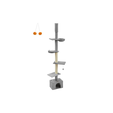 Rootz Ceiling High Cat Tree - Scratching Post - Cat Tower - Adjustable Height - Light Gray - MDF, Plywood, Plush, Sisal - 45cm x 30cm x (231-291cm)