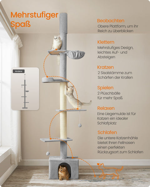 Rootz Ceiling High Cat Tree - Scratching Post - Cat Tower - Adjustable Height - Light Gray - MDF, Plywood, Plush, Sisal - 45cm x 30cm x (231-291cm)