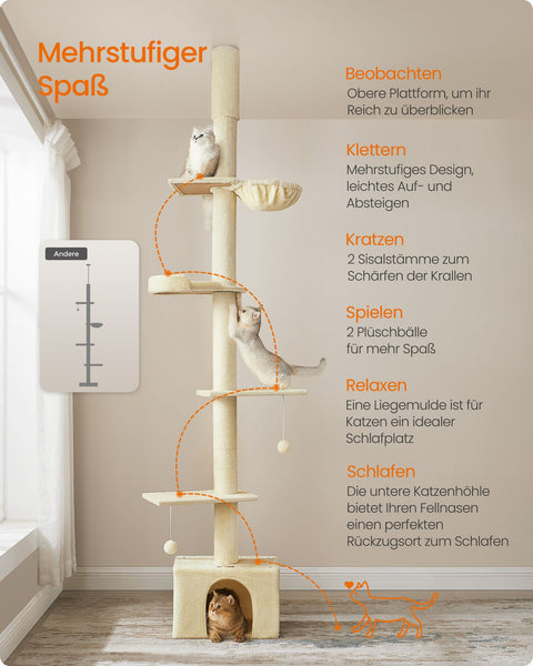 Rootz Cat Tree Ceiling High - Scratching Post - Scratcher - Height Adjust - Beige - MDF, Plywood, Plush, Sisal - 45cm x 30cm x (231-291cm)