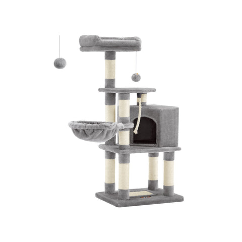 Rootz Cat Scratching Post - Cat Tree - Cat Climbing Frame - Chipboard Plush Sisal - 42cm x 32cm x 110cm - Light Gray - 9.6kg - 50kg Load Capacity - Ideal for Up to 4 Cats