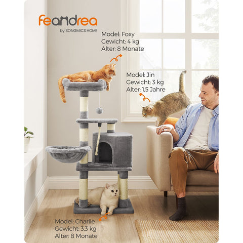 Rootz Cat Scratching Post - Cat Tree - Cat Climbing Frame - Chipboard Plush Sisal - 42cm x 32cm x 110cm - Light Gray - 9.6kg - 50kg Load Capacity - Ideal for Up to 4 Cats