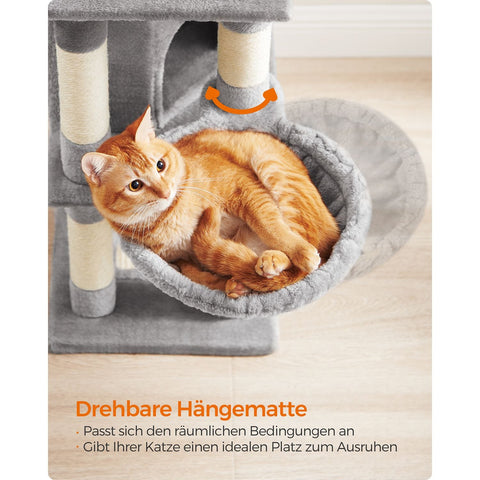 Rootz Cat Scratching Post - Cat Tree - Cat Climbing Frame - Chipboard Plush Sisal - 42cm x 32cm x 110cm - Light Gray - 9.6kg - 50kg Load Capacity - Ideal for Up to 4 Cats