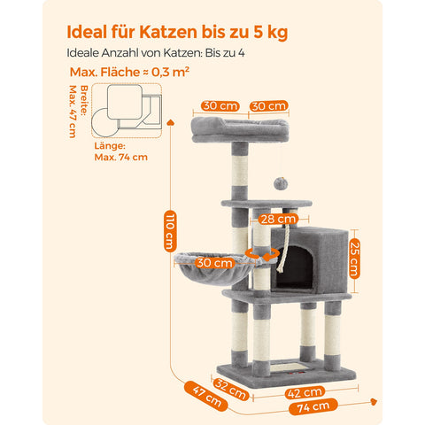 Rootz Cat Scratching Post - Cat Tree - Cat Climbing Frame - Chipboard Plush Sisal - 42cm x 32cm x 110cm - Light Gray - 9.6kg - 50kg Load Capacity - Ideal for Up to 4 Cats