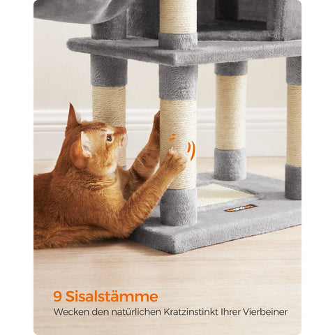 Rootz Cat Scratching Post - Cat Tree - Cat Climbing Frame - Chipboard Plush Sisal - 42cm x 32cm x 110cm - Light Gray - 9.6kg - 50kg Load Capacity - Ideal for Up to 4 Cats