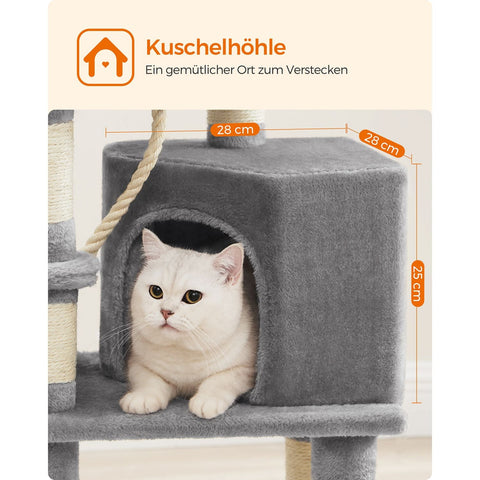 Rootz Cat Scratching Post - Cat Tree - Cat Climbing Frame - Chipboard Plush Sisal - 42cm x 32cm x 110cm - Light Gray - 9.6kg - 50kg Load Capacity - Ideal for Up to 4 Cats