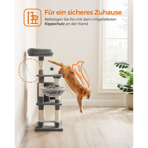 Rootz Cat Scratching Post - Cat Tree - Cat Climbing Frame - Chipboard Plush Sisal - 42cm x 32cm x 110cm - Light Gray - 9.6kg - 50kg Load Capacity - Ideal for Up to 4 Cats