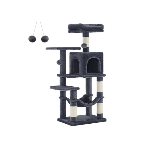 Rootz Cat Scratching Post - Cat Tree - Cat Climbing Frame - Chipboard Construction - 45cm x 35cm x 112cm - Smoke Gray - Plush Cover - Sisal Rope - Sturdy Design - Easy Assembly - Ideal for Multiple Cats - Max. Load Capacity 40kg