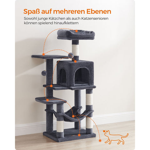 Rootz Cat Scratching Post - Cat Tree - Cat Climbing Frame - Chipboard Construction - 45cm x 35cm x 112cm - Smoke Gray - Plush Cover - Sisal Rope - Sturdy Design - Easy Assembly - Ideal for Multiple Cats - Max. Load Capacity 40kg