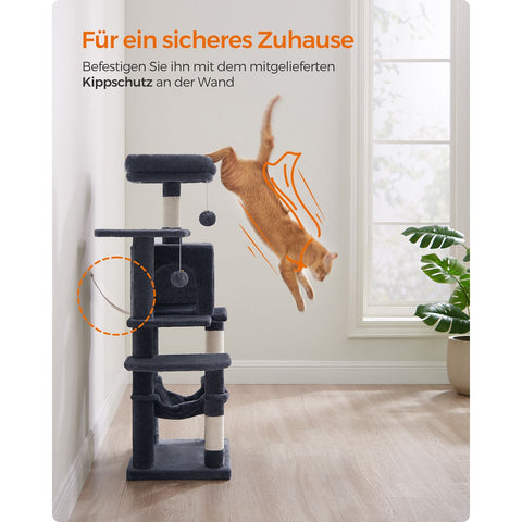 Rootz Cat Scratching Post - Cat Tree - Cat Climbing Frame - Chipboard Construction - 45cm x 35cm x 112cm - Smoke Gray - Plush Cover - Sisal Rope - Sturdy Design - Easy Assembly - Ideal for Multiple Cats - Max. Load Capacity 40kg