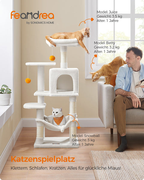 Rootz Cat Scratching Post - Cream White Cat Tree - Cat Climbing Tower - Chipboard Plush Sisal - 45cm x 35cm x 112cm - Sturdy Construction - Multiple Cats - Easy Assembly