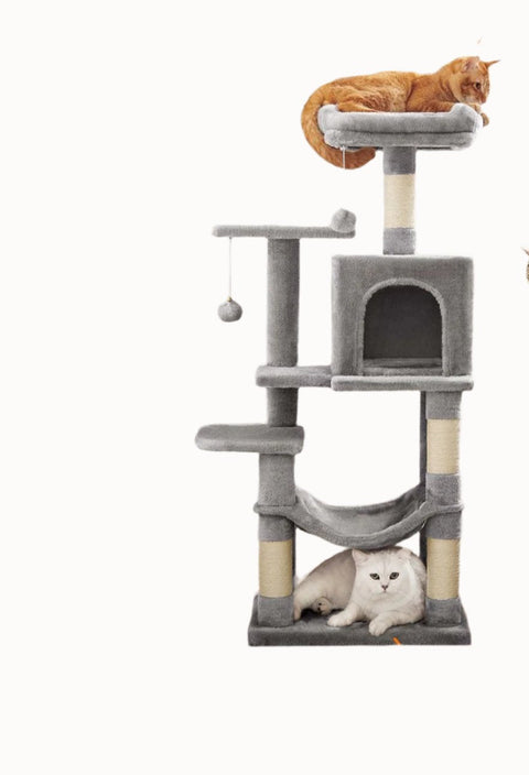Rootz Scratching Post 112cm - Cat Tree - Cat Climber - Platform and Hammock - Light Gray - Chipboard & Plush - 45cm x 35cm x 112cm