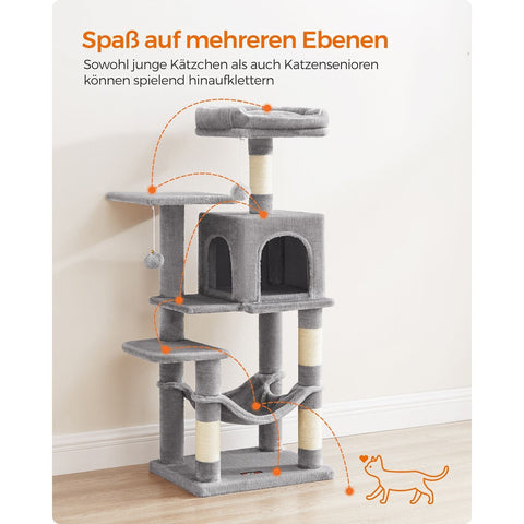 Rootz Scratching Post 112cm - Cat Tree - Cat Climber - Platform and Hammock - Light Gray - Chipboard & Plush - 45cm x 35cm x 112cm