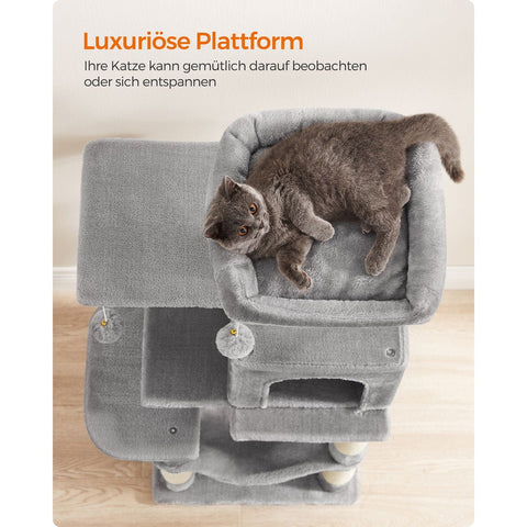 Rootz Scratching Post 112cm - Cat Tree - Cat Climber - Platform and Hammock - Light Gray - Chipboard & Plush - 45cm x 35cm x 112cm
