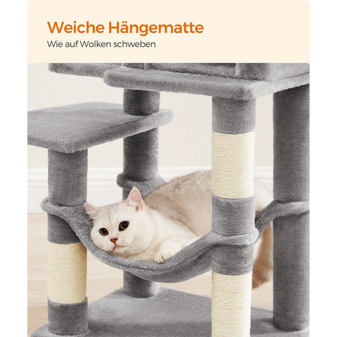 Rootz Scratching Post 112cm - Cat Tree - Cat Climber - Platform and Hammock - Light Gray - Chipboard & Plush - 45cm x 35cm x 112cm