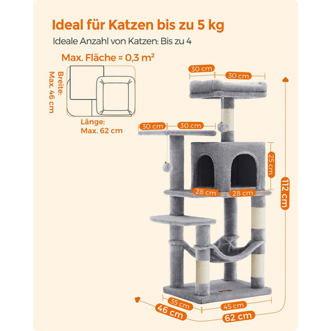Rootz Scratching Post 112cm - Cat Tree - Cat Climber - Platform and Hammock - Light Gray - Chipboard & Plush - 45cm x 35cm x 112cm