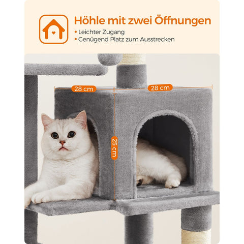 Rootz Scratching Post 112cm - Cat Tree - Cat Climber - Platform and Hammock - Light Gray - Chipboard & Plush - 45cm x 35cm x 112cm