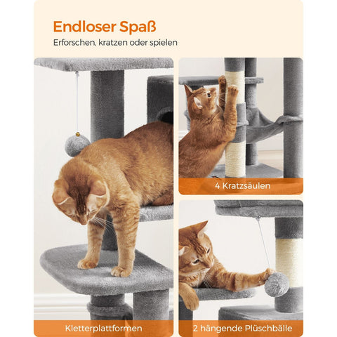 Rootz Scratching Post 112cm - Cat Tree - Cat Climber - Platform and Hammock - Light Gray - Chipboard & Plush - 45cm x 35cm x 112cm