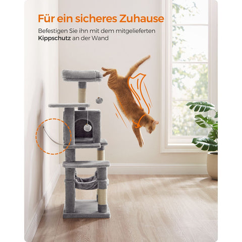 Rootz Scratching Post 112cm - Cat Tree - Cat Climber - Platform and Hammock - Light Gray - Chipboard & Plush - 45cm x 35cm x 112cm