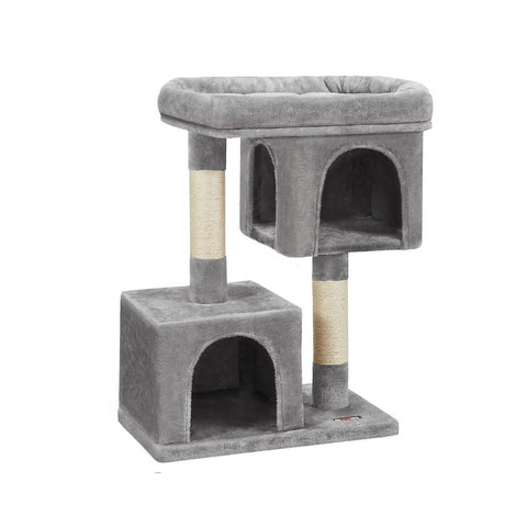 Rootz Scratching Post - High Tower - Cat-friendly Soft - Large Platform - Scratching Board - 2 Caves - Space-saving Cat - Carb Certified Chipboard Plush-sisal - Light Gray - 60 x 40 x 84 cm