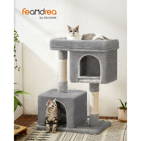 Rootz Scratching Post - High Tower - Cat-friendly Soft - Large Platform - Scratching Board - 2 Caves - Space-saving Cat - Carb Certified Chipboard Plush-sisal - Light Gray - 60 x 40 x 84 cm