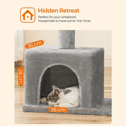 Rootz Scratching Post - High Tower - Cat-friendly Soft - Large Platform - Scratching Board - 2 Caves - Space-saving Cat - Carb Certified Chipboard Plush-sisal - Light Gray - 60 x 40 x 84 cm