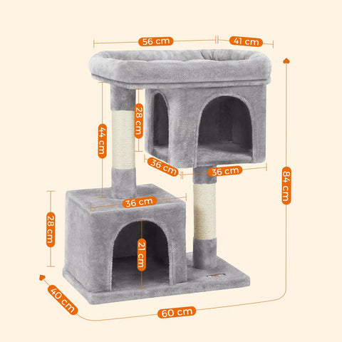Rootz Scratching Post - High Tower - Cat-friendly Soft - Large Platform - Scratching Board - 2 Caves - Space-saving Cat - Carb Certified Chipboard Plush-sisal - Light Gray - 60 x 40 x 84 cm
